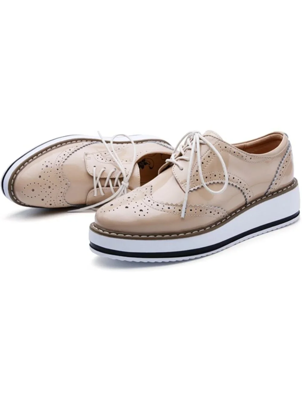 Women's Apricot Round Toe Lace Up Leather Oxford Shoes Wingtip White Platform